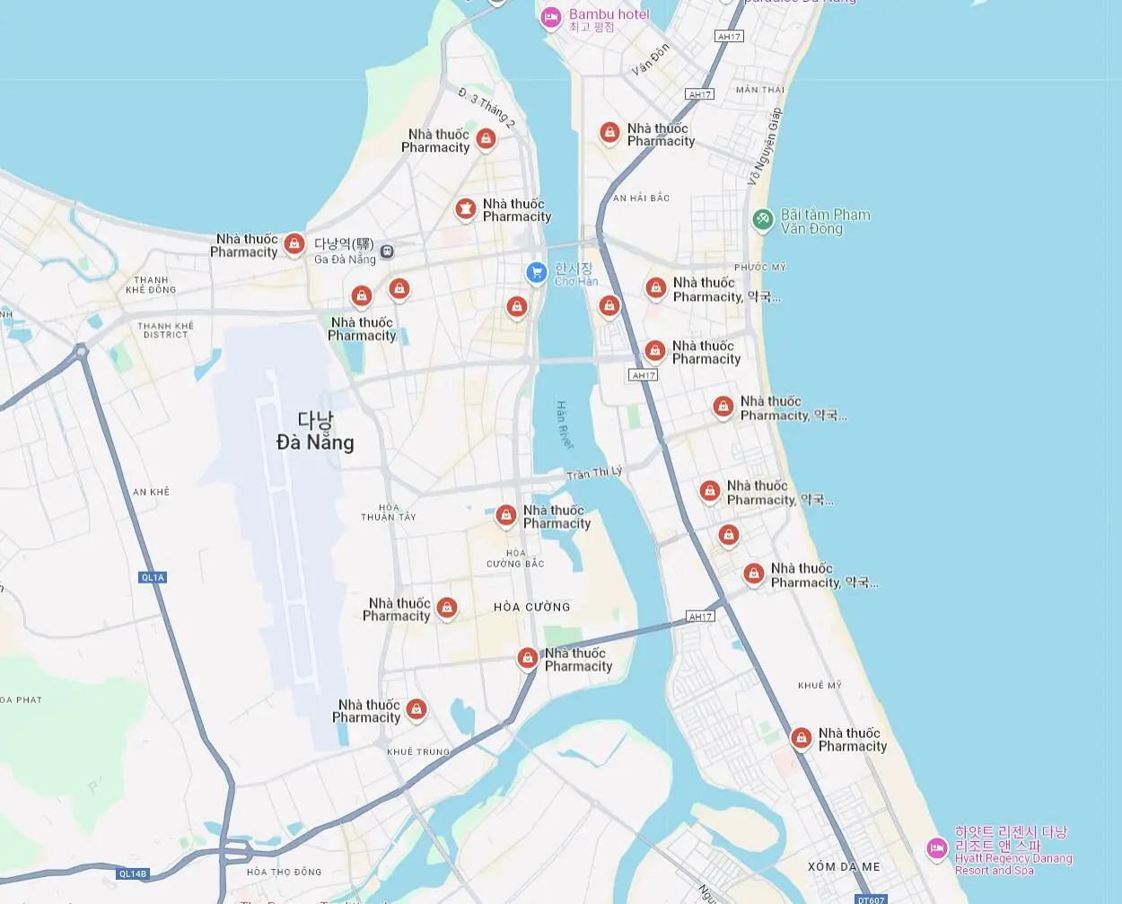 ダナンでグーグルマップで Pharmacity を検索して地図上に表示された画像